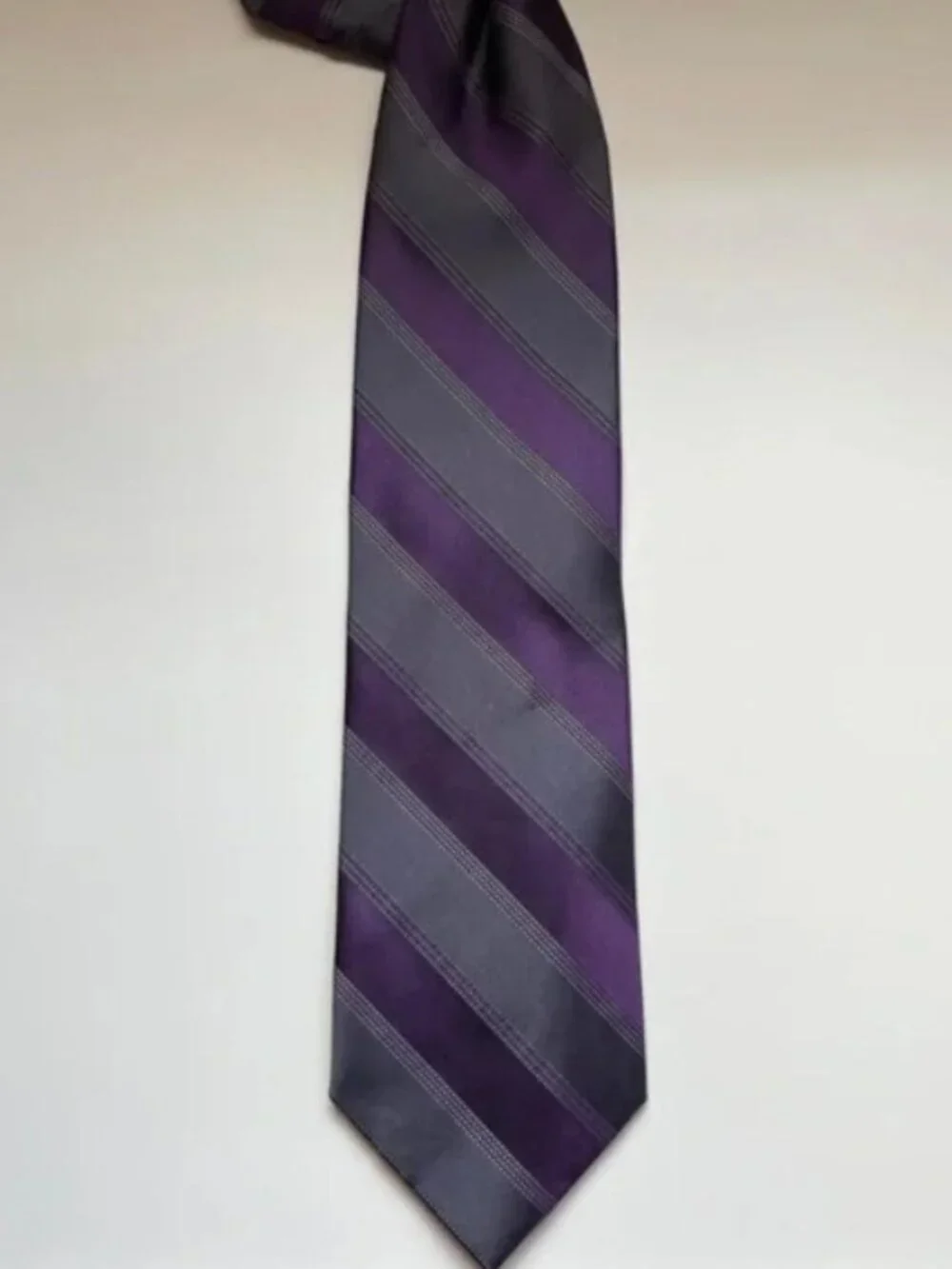 Calvin Klein Purple Grey Striped Silk Tie preppy collegiate classic vintage
